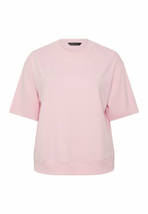 Hellrosa Sweatshirt mit kurzen Ärmeln und Rundhalsausschnitt, mit geripptem Saum und lockerer Passform, vor weißem Hintergrund dargestellt.