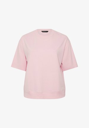 Jasnoróżowa bluza z krótkim rękawem i okrągłym dekoltem, z prążkowanym dołem i luźnym krojem, prezentowana na białym tle.