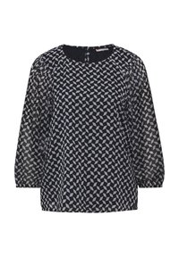 Blouse fluide marine avec motif géométrique blanc, col rond et manches transparentes. Présente un corps opaque et une fermeture arrière subtile.