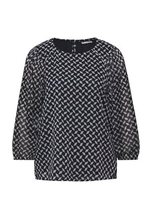 Blusa fluida blu navy con motivo geometrico bianco, colletto rotondo e maniche trasparenti. Presenta un corpo opaco e una leggera chiusura sul retro.