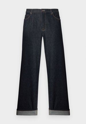 Brede donkere denim jeans met een omgeslagen zoom, knoopsluiting en voorkruiden. De stof heeft een gladde textuur met subtiele stikseldetails.