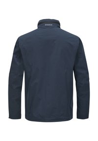 Marineblaue, leichte Jacke mit Stehkragen, langen Ärmeln und glatter Textur. Verfügt über ein dezentes Logo am Kragen.