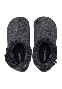 Black and gray leopard print fuzzy slippers with a soft texture, rounded shape, and adjustable side accents. Non-slip sole.