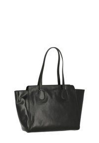 Borsa tote in pelle nera con due manici, forma rettangolare, superficie liscia e sottili dettagli di cucitura lungo il bordo.