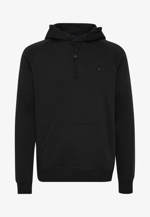 Schwarzer Kapuzenpullover mit einer vorderen Kängurutasche, verstellbarem Kordelzug und gerippten Bündchen. Verfügt über ein dezentes Logo auf der Brust.