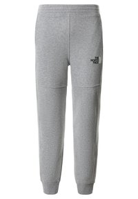 Grijze trainingsbroek met een geribbelde tailleband en boorden, voorzien van een zwart logo op de linkerdij en een gladde, zachte textuur.
