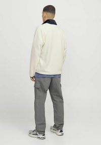Fleece-Pullover in Creme mit schwarzem Kragen, kombiniert mit grauen Cargo-Hosen. Hat einen lockeren Schnitt und sichtbare Nahtdetails.