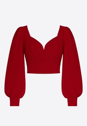 Top corto rojo con escote en V pronunciado, cuerpo plisado y mangas largas abullonadas. Hecho de una tela lisa y elástica.