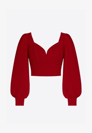 Top corto rojo con escote en V pronunciado, cuerpo plisado y mangas largas abullonadas. Hecho de una tela lisa y elástica.