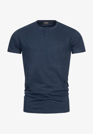 Navyblauwe korte mouwen T-shirt in een zachte stof, met een henley-halslijn met twee knopen en een klein logo op de borst.
