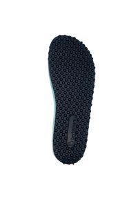 Black rubber shoe sole with a textured surface featuring rounded bumps, edged with a light blue line, branded with "berkemann."