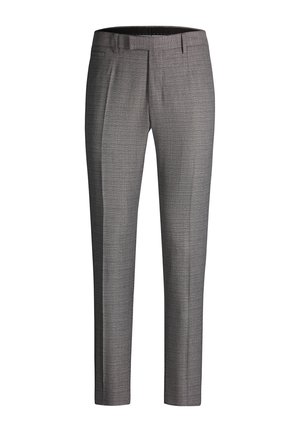 Pantalon habillé gris sur mesure avec un motif à carreaux subtil, pli devant, passants de ceinture et poches latérales.