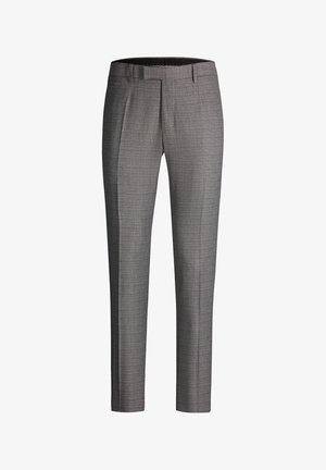 Pantalon habillé gris sur mesure avec un motif à carreaux subtil, pli devant, passants de ceinture et poches latérales.
