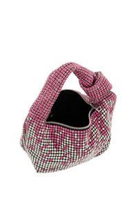 Formázott kézitáska csavart rózsaszín és ezüst strasszköves külsővel, cipzáros záródással és puha textil béléssel.