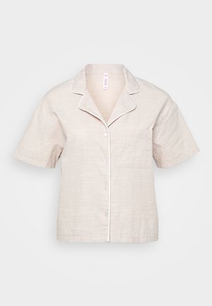 Short-sleeve striped pajama top in beige and white, featuring a button-down front, collar, and a single chest pocket.