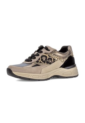 Beige and black sneakers with leopard print accents, textured surfaces, and glitter details; designed with a cushioned sole and laces.