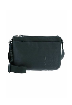 Borsa a tracolla verde scuro realizzata in tessuto texturizzato, dotata di chiusura con zip, tracolla regolabile e branding in rilievo sulla parte anteriore.