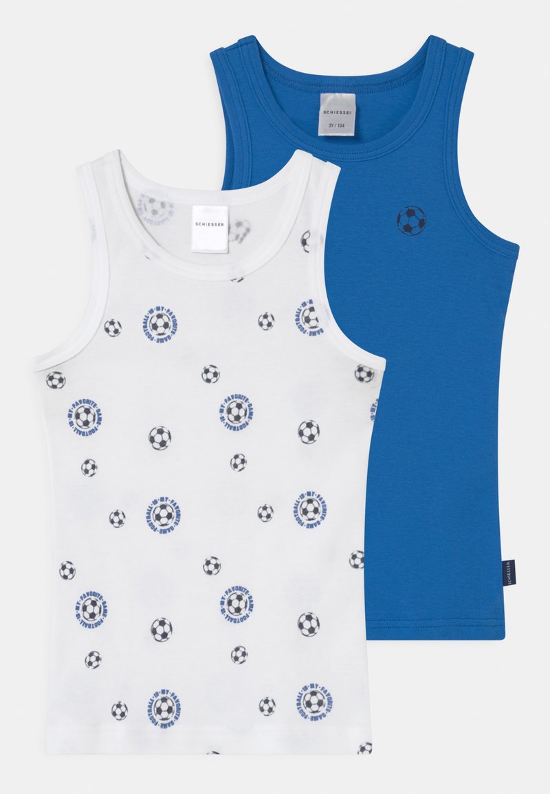 Sæt bestående af to tanktops: en hvid med sort og blå fodboldprint, og en ensfarvet blå. Blødt bomuldsstof, rund udskæring.