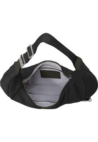 Schwarze Nylon-Schultertasche mit einem silbernen Reißverschluss, die ein geräumiges Innenleben mit hellgrauem Futter und einem verstellbaren Tragegurt bietet.