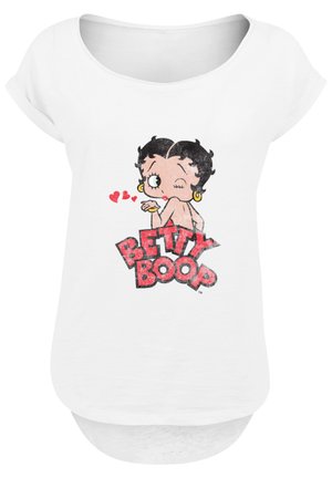 White short-sleeve T-shirt with a round neckline featuring a graphic of Betty Boop, with bold text in red spelling "BETTY BOOP."