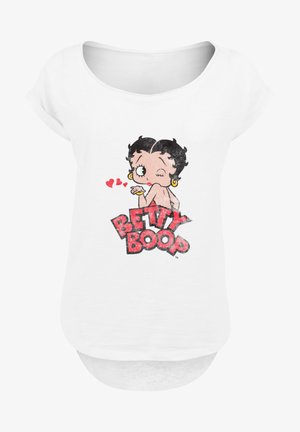 White short-sleeve T-shirt with a round neckline featuring a graphic of Betty Boop, with bold text in red spelling "BETTY BOOP."