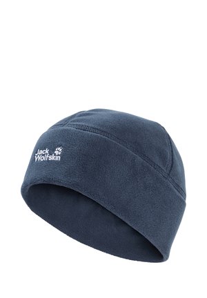 Marineblaue Fleece-Mütze mit aufgesticktem Jack Wolfskin-Logo auf der Vorderseite, für kalte Temperaturen entwickelt.