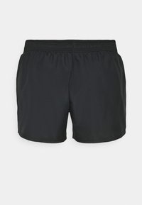 Shorts de sport noirs avec taille élastique, coupe ample et longueur mi-cuisse, présentés sur fond blanc.