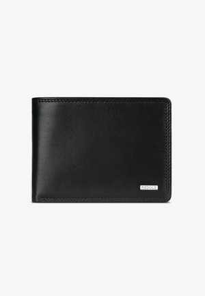 Black leather bifold wallet with fine stitching and a small silver metal brand plaque in the bottom right corner.