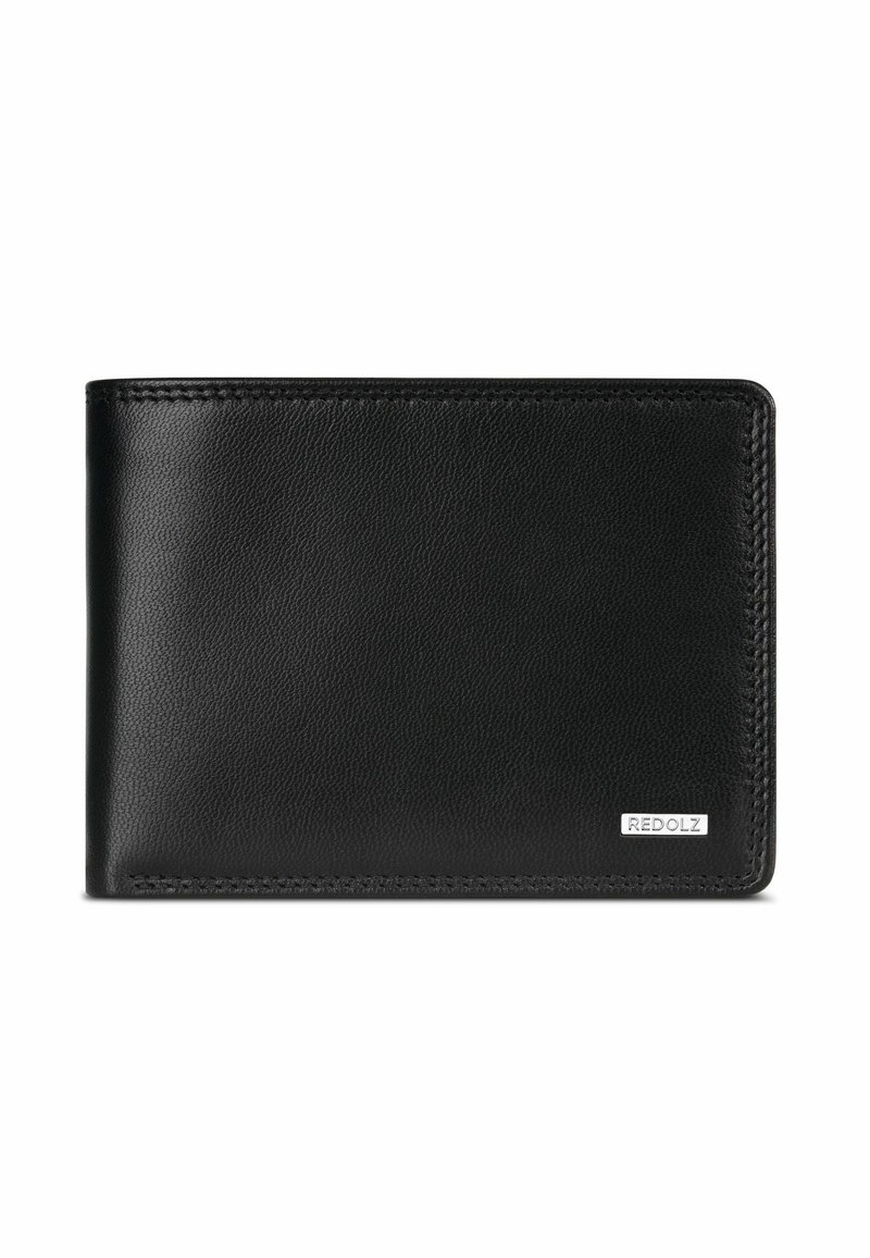 Black leather bifold wallet with fine stitching and a small silver metal brand plaque in the bottom right corner.