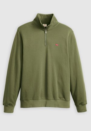 Olivengrüner Reißverschluss-Pullover mit hohem Kragen. Merkmale ein kleines rotes Levi's-Logo auf der Brust sowie gerippte Manschetten und Saum. Aus weichem Baumwollmaterial.