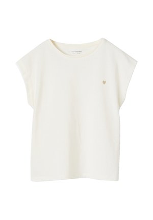 White short-sleeve T-shirt with a small gold heart emblem on the left chest, round neckline, and a relaxed fit.