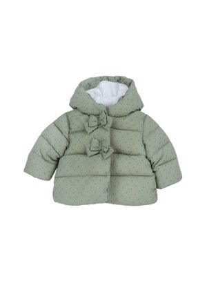 Doudoune vert clair pour tout-petit avec petits pois, capuche, doublure blanche, manches longues et deux nœuds en tissu décoratifs sur la fermeture devant.
