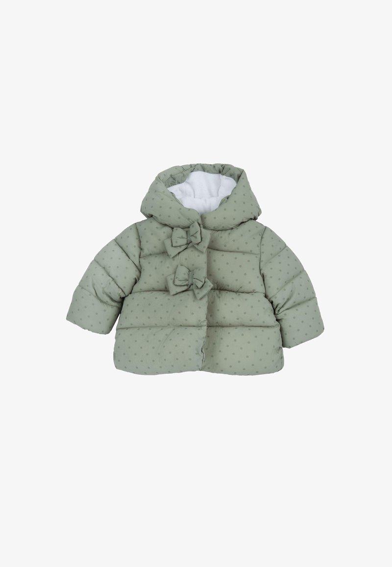 Doudoune vert clair pour tout-petit avec petits pois, capuche, doublure blanche, manches longues et deux nœuds en tissu décoratifs sur la fermeture devant.