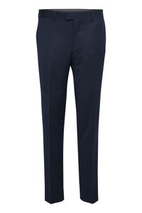 Pantalones de vestir marino hechos de tela suave, con un frente plano, bolsillos inclinados y un diseño de pierna recta. Minimalistas sin patrones visibles.