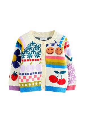 Detský kardigán na gombíky s farebnými vzormi vrátane kvetov, jahôd, fialových jabĺk, višní a usmievavých tvárí na krémovom pozadí.