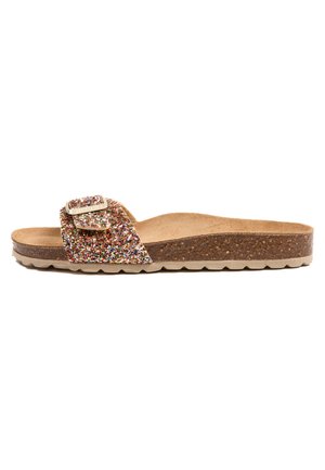 Sandale à glissière pailletée avec une tige dorée scintillante et multicolore, un détail de boucle et une semelle intérieure en liège rembourrée. La semelle en caoutchouc offre une bonne adhérence.