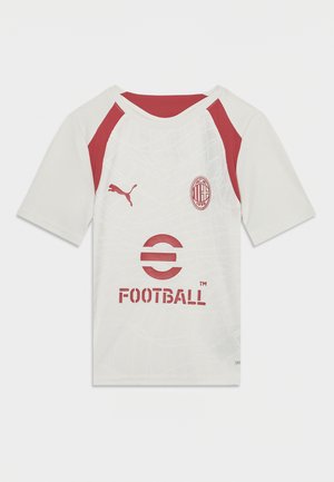 Maillot de football blanc à manches courtes avec logo rouge AC Milan, logo Puma et texte "eFootball" en rouge sur le devant avec panneaux d'épaule rouges.