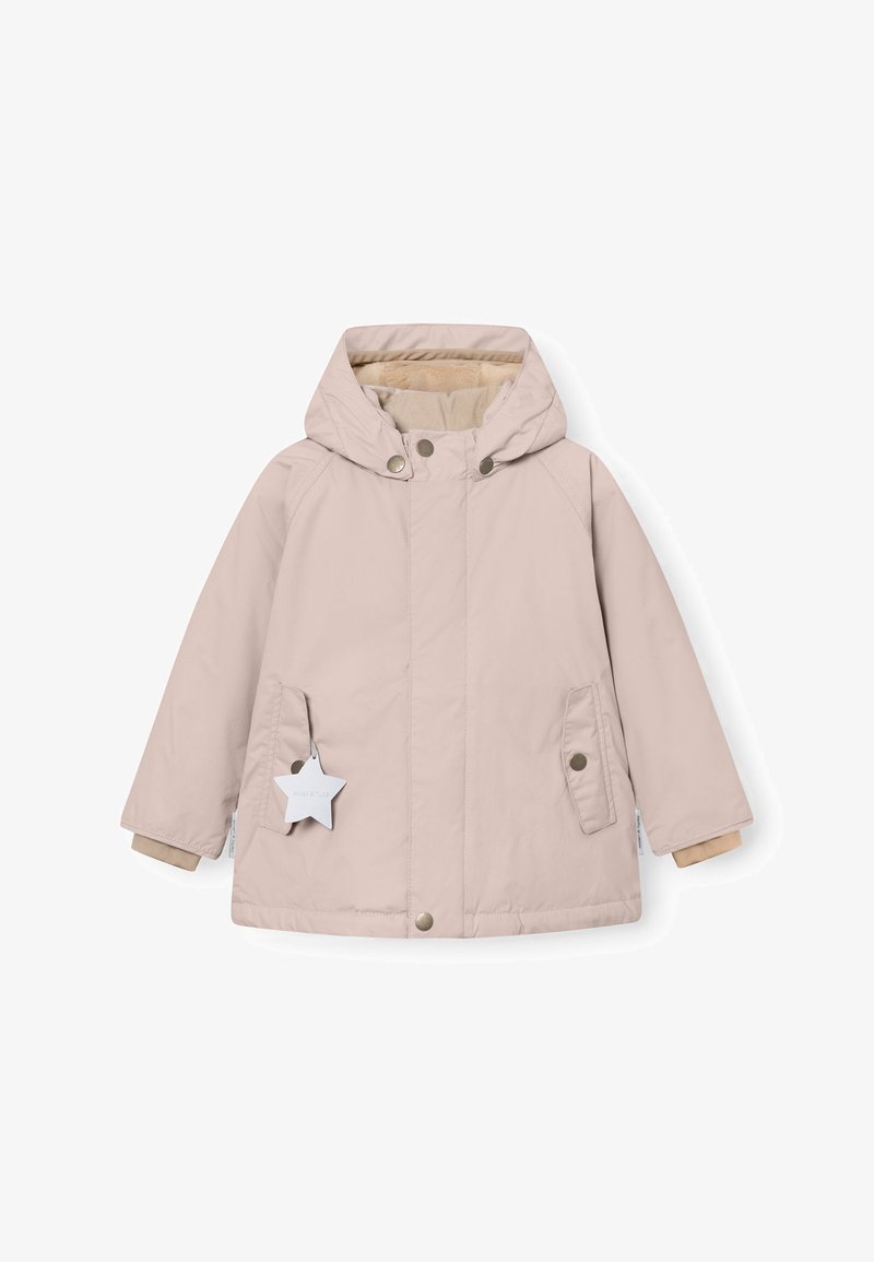 Padded pink coat with a hood, featuring snap buttons, side pockets, and a star-shaped tag. Interior lined with a soft beige texture.