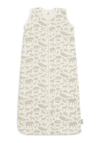 Lichtcrème slaapzak van zachte stof, met een herhaald dierenpatroon in lichtgrijs. Ritssluiting aan de voorkant.