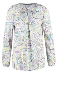 Blusa a maniche lunghe in tessuto leggero con un motivo paisley multicolore, dotata di chiusura con bottoni e dettaglio al colletto a sbuffo.