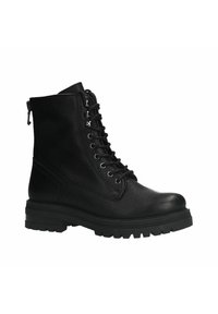 Bottes de cheville en cuir noir avec une finition texturée, lacées à l'avant, fermeture par zip sur le côté et semelle à crampons épaisse pour une meilleure adhérence.