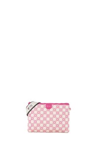 Pochette rosa e crema con motivo, realizzata in tessuto resistente, presenta un design geometrico, dettagli neri e chiusura con zip.
