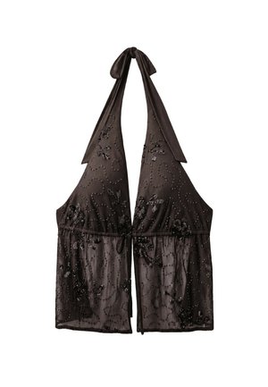Stradivarius, EMBROIDERED HALTER TOP WITH RHINESTONES - Blouse - dark brown