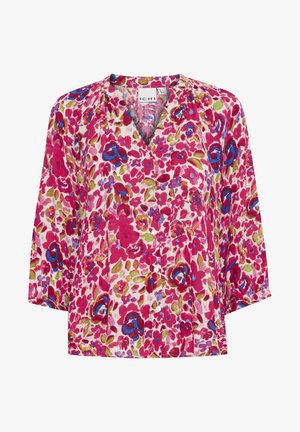 Cvjetna bluzica s V-izrezom, 3/4 rukavima i slobodnim krojem. Izdvajaju se svijetlo ružičasti, plavi i zeleni cvjetovi na krem podlozi. Detalj s gumbima sprijeda.