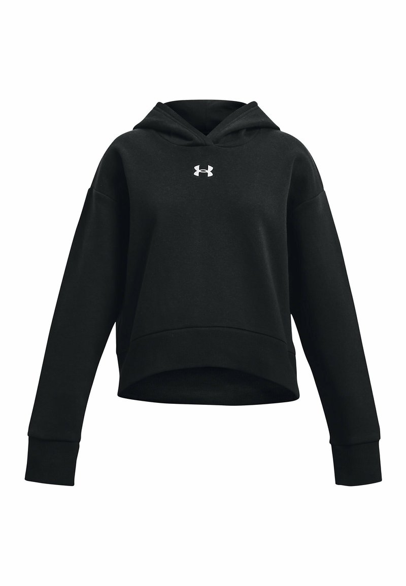 Svart kortad hoodie gjord av mjukt tyg med dragsko i huvan och ribbade cuffs. Framsidan har en liten vit logotyp som accent.