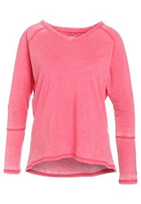 Roze V-halsshirt met lange mouwen, gemaakt van zacht, lichtgewicht materiaal met een losse pasvorm en een afgeronde zoom, voorzien van zichtbare stiksel-details.