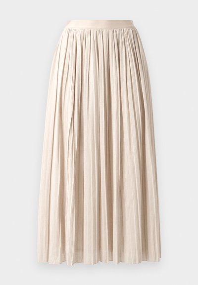 Plissé midi rok van lichtbeige stof. Voorzien van een elastische tailleband en een vloeiende uitstraling, met een textuur en een zachte val.