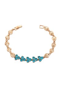 Bracciale in tono oro con accenti di pietra turchese, alternando tra link a forma di fiore e grappoli, con una chiusura sicura.