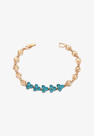 Arany színű karkötő, gyönyörű türkiz kövekkel díszítve, virágformájú láncszemek és rakások váltakoznak, biztos záródással.