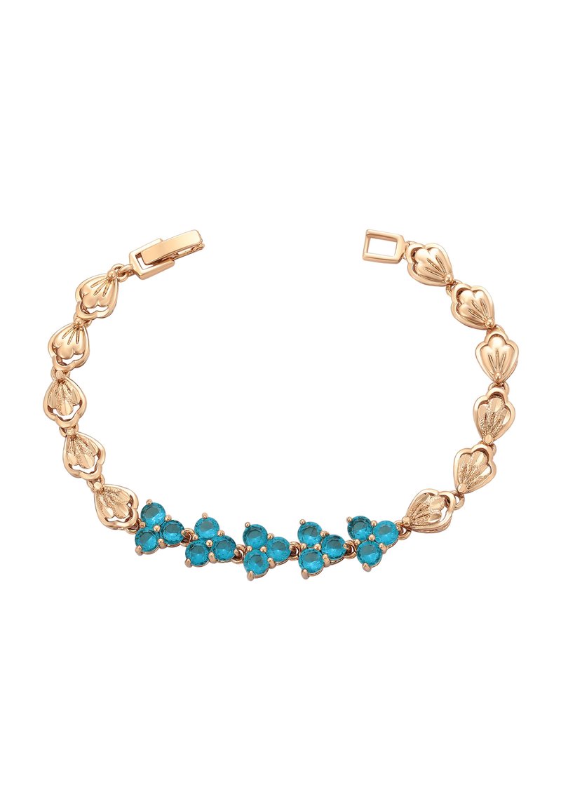 Bracciale in tono oro con accenti di pietra turchese, alternando tra link a forma di fiore e grappoli, con una chiusura sicura.